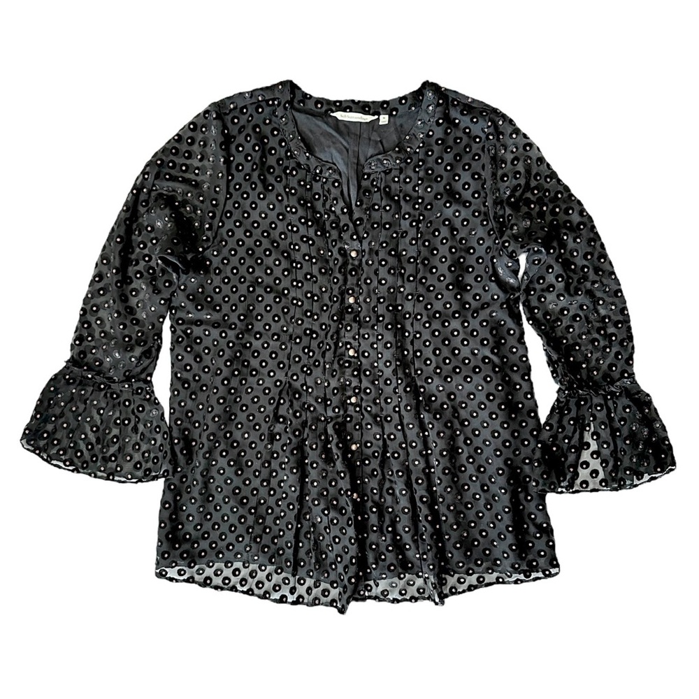 Soft Surroundings Womens Black Top Holiday Semi Sheer Bell Sleeve Blouse Sz M